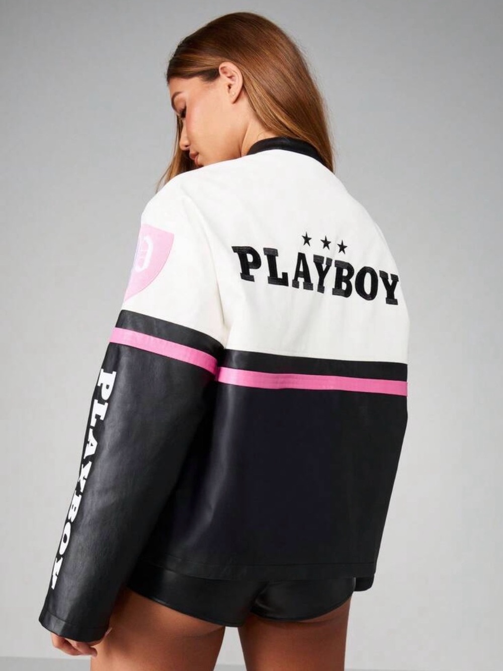 PLAYBOY Black White & Pink Varsity-Style Faux Leather Moto Jacket- New